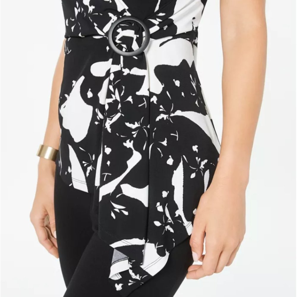 Alfani Sleeveless Draped Black & White Floral Petal Hardware Top Size XL - Picture 3 of 10